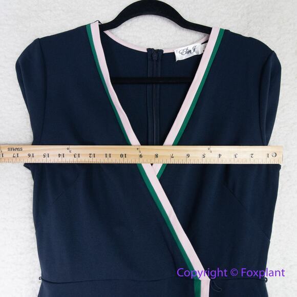 Eliza J Contrast Trim Surplice V-Neck Wrap blue Dress, size 8 - Picture 10 of 16